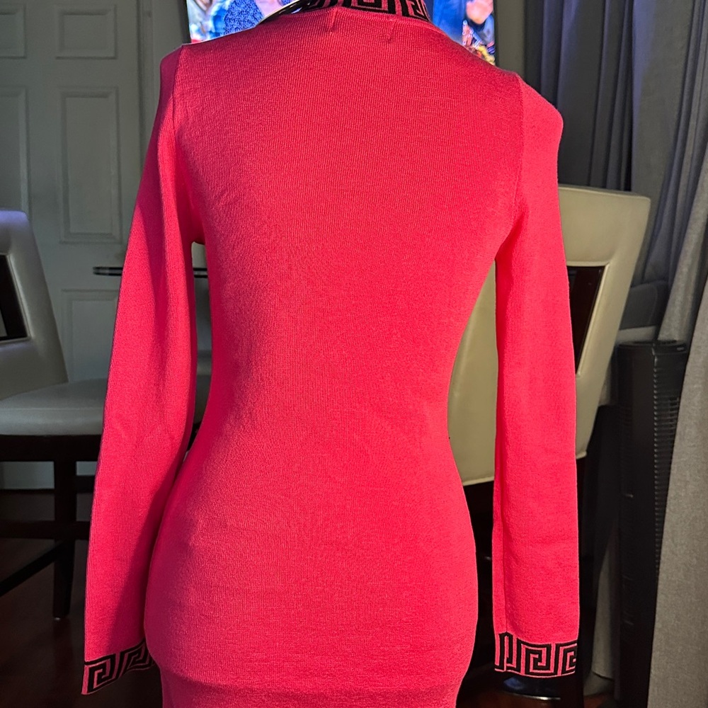 Pink Long-Sleeve Knit Bodycon Dress with Contrast Trim - Picture 4 of 5